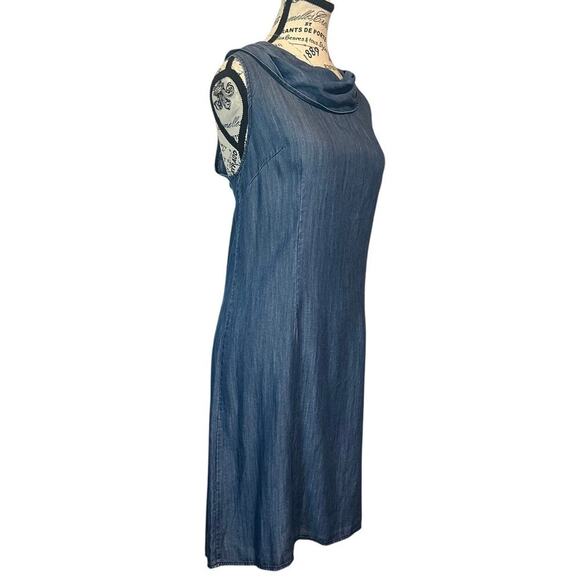 Lina Tomei Tencel Shift Dress Midi Blue Denim Size M Italy Cowl Neck Minimalist - Picture 3 of 9